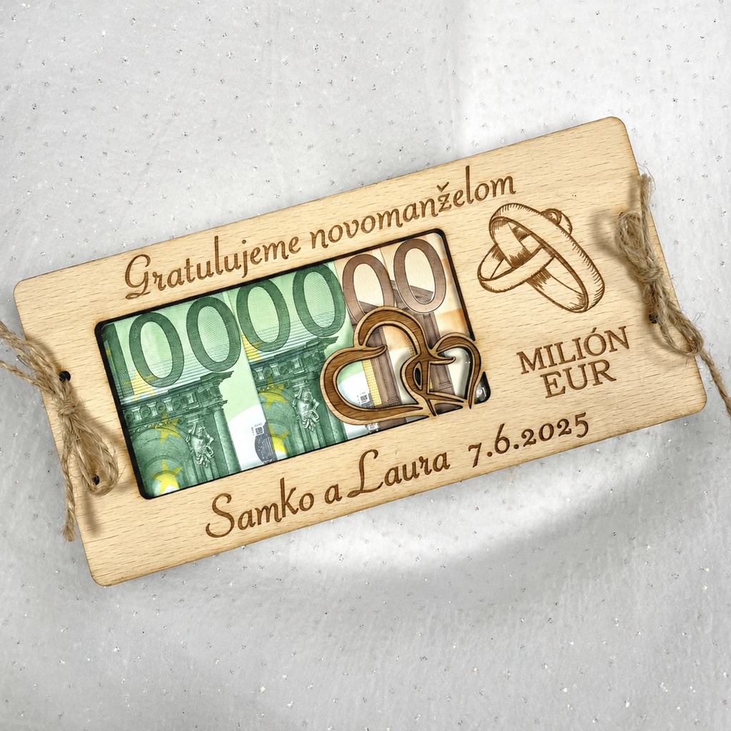 Ukázka svatebního přání Milión EUR se jmény novomanželů a datem svatby
